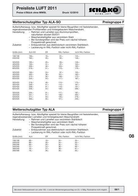 Schako Preisliste Luft 2011