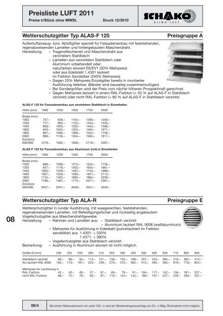 Schako Preisliste Luft 2011