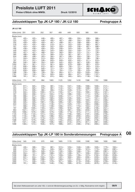 Schako Preisliste Luft 2011