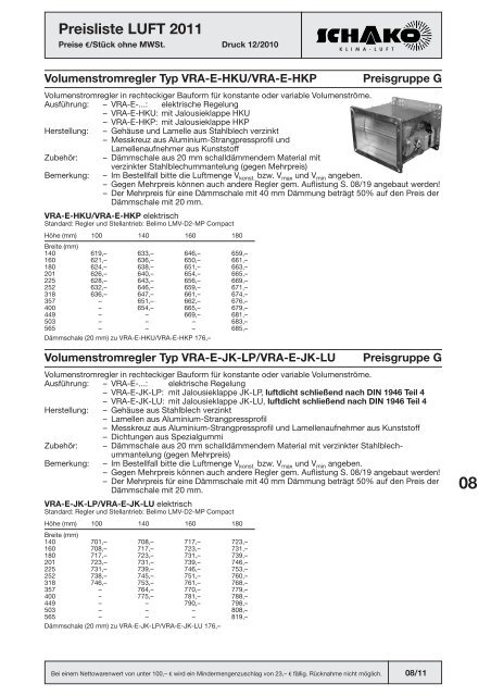 Schako Preisliste Luft 2011