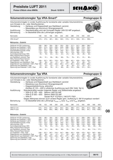 Schako Preisliste Luft 2011