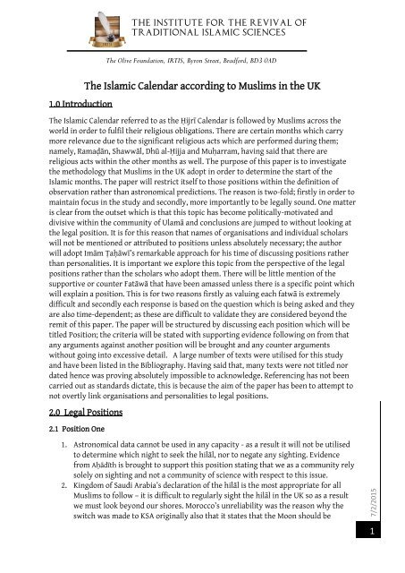 The Islamic Calendar according to Muslims in the UK 1