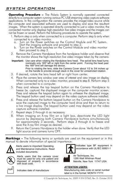 Polaris Universal Quick Start Guide - Air Techniques, Inc.