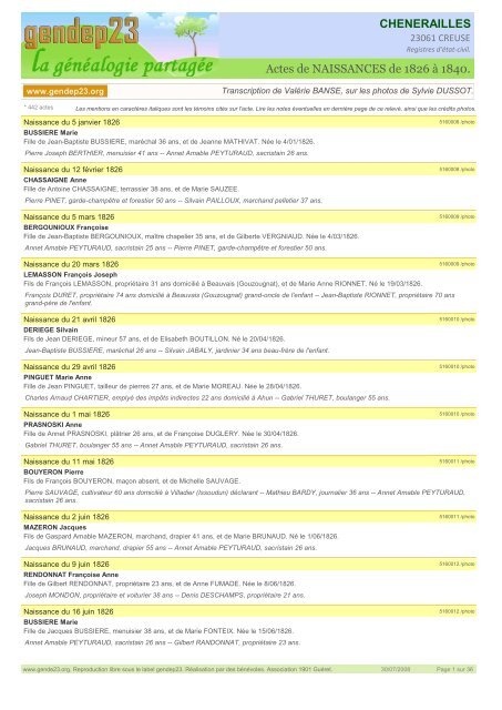 Actes de NAISSANCES de 1826 Ã  1840 ... - Gendep23