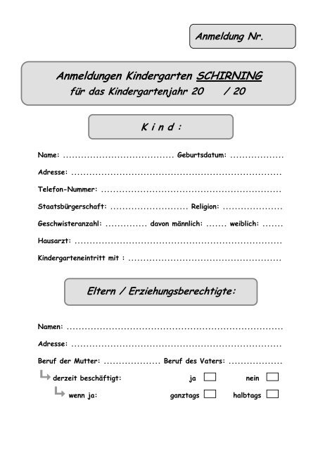 Formular Anmeldung Kiga Schirning - Gemeinde Eisbach