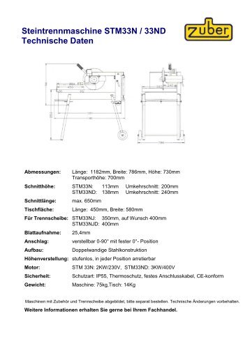 Steintrennmaschine STM33N / 33ND Technische Daten