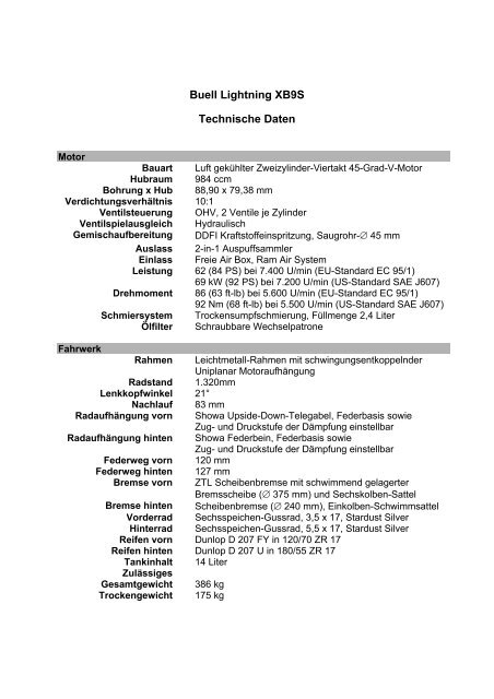 Xb9s Datenblatt Harley Davidson Tuttlingen Motorrad Matthies