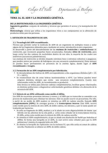 TEMA 16. EL ADN Y LA INGENIERÃA GENÃTICA - BiologÃ­a El Valle