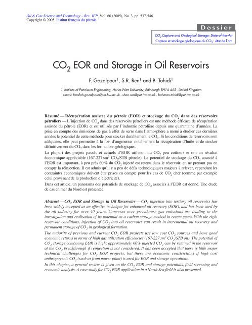 CO2 EOR AND STORAGE IN OIL RESERVOIRS - Oil & Gas Science ...