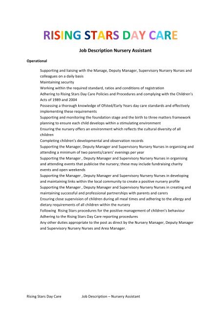 Rsdc Job Description Nursery Istant Rsdc Job Description Nursery Istant