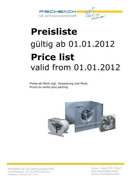Preisliste Price list