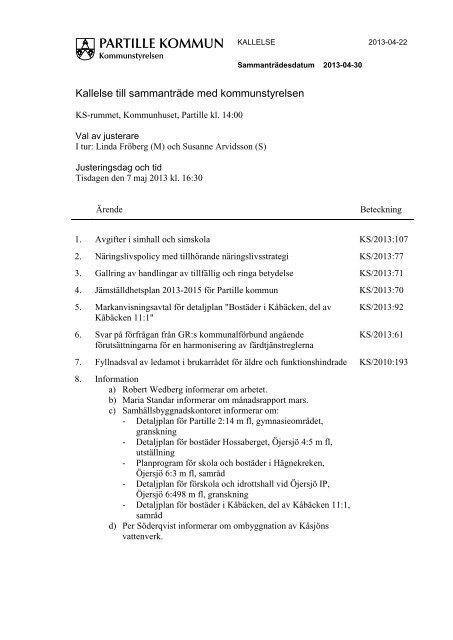 Kallelse till sammantrÃ¤de med kommunstyrelsen - Partille kommun