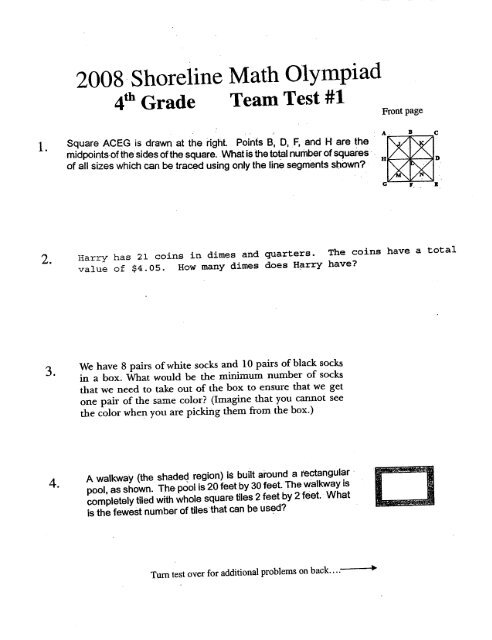 2008' Shoreline Math Olympiad 4Th Grade Team Test #1