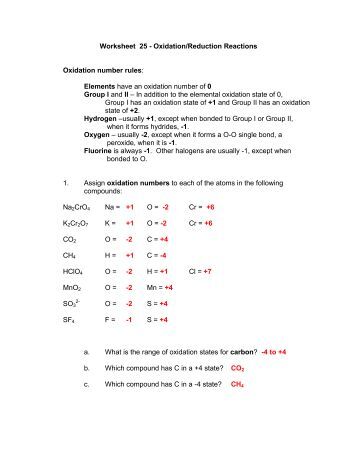 Printables Oxidation Reduction Reactions Worksheet worksheet 7 oxidationreduction reactions oxidation number 25 number