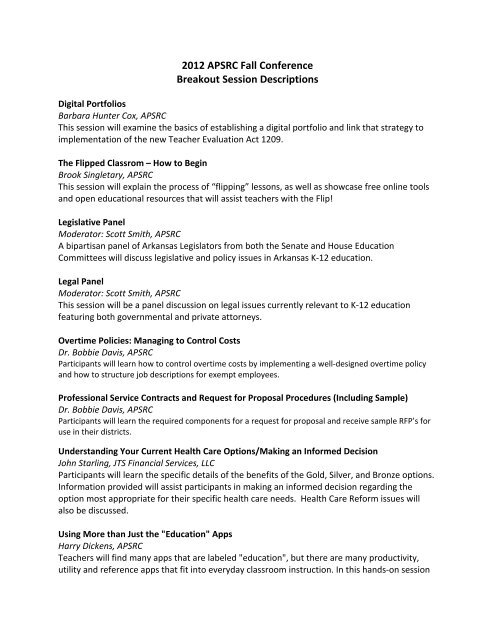 2012 APSRC Fall Conference Breakout Session Descriptions