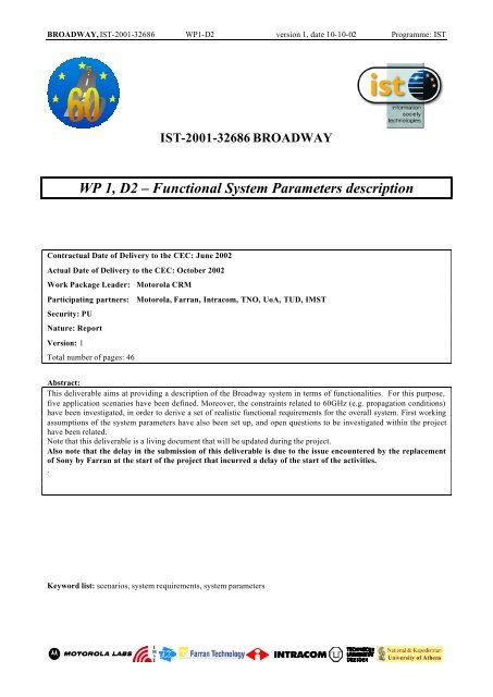 WP 1, D2 Ã¢Â€Â“ Functional System Parameters description