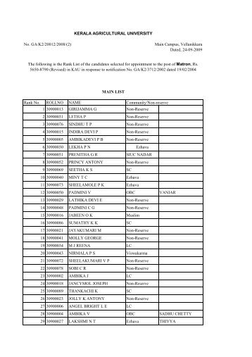 KAU Matron Rank List, 2009 - Kerala Agricultural University