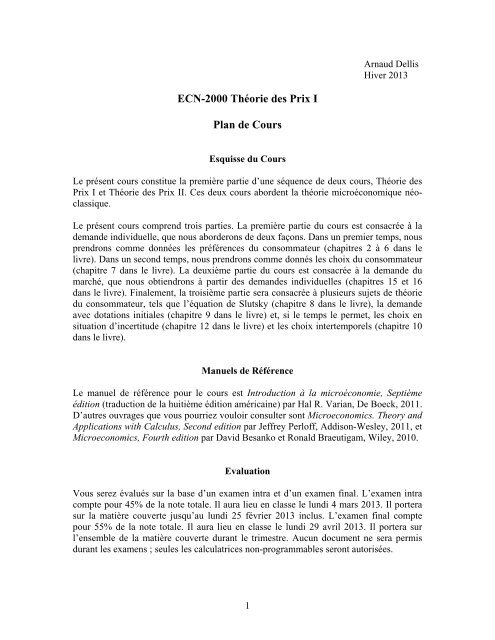 ECN-2000 Théorie des Prix I Plan de Cours - Université Laval