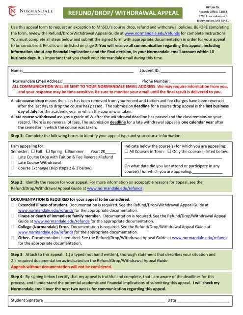 refund/drop/ withdrawal appeal - Normandale Community College