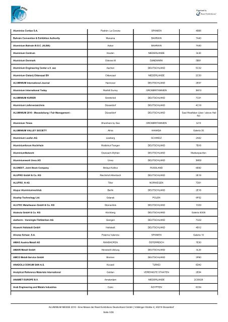 Ausstellerliste der ALUMINIUM MESSE 2010