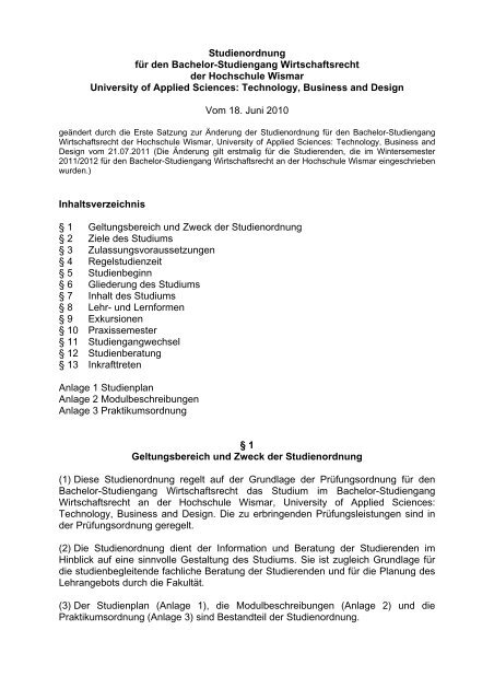 Studienordnung Hochschule Wismar