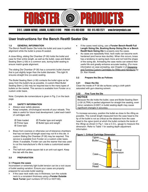 User Instructions for the Bench RestÂ® Seater Die - Forster Products