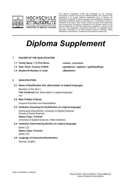 Diploma Supplement - Hochschule Zittau/Görlitz
