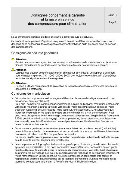 Consignes concernant la garantie et la mise en service des ...