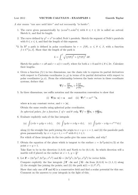 Lent 2012 VECTOR CALCULUS - EXAMPLES 1 Gareth ... - Tartarus