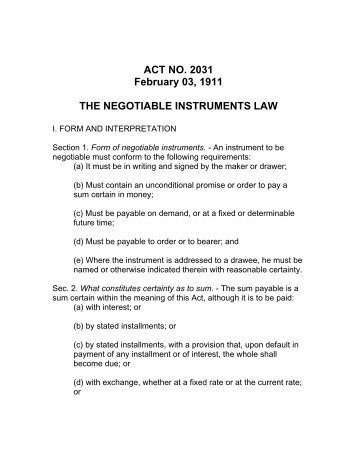 Negotiable Instrument Law (RA 2031) - Planters Development Bank