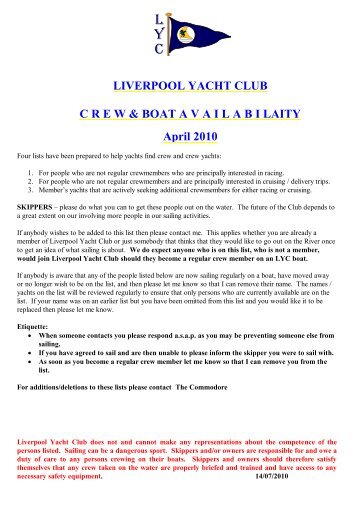 LIVERPOOL YACHT CLUB CREW & BOAT AVAILABI LAITY April ...