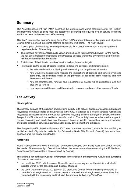 Rubbish and Recycling Asset Managment Plan Summary