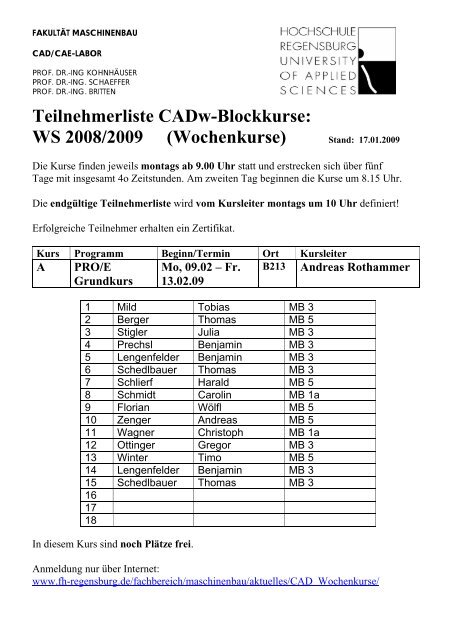 Teilnehmerliste CADw-Blockkurse: WS 2008/2009 (Wochenkurse ...