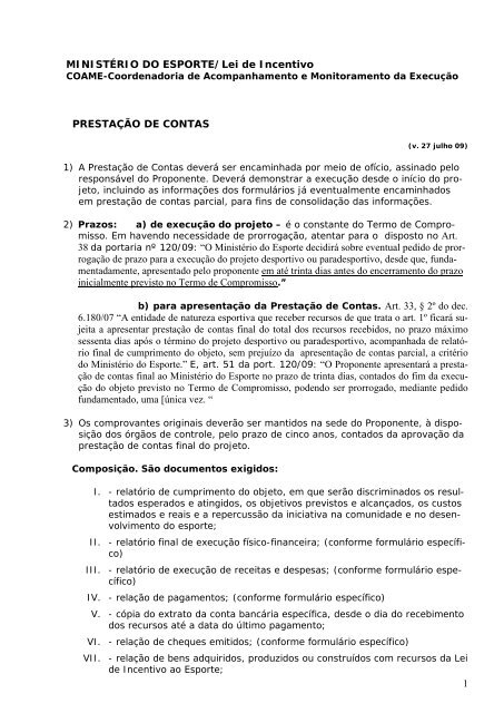 1 MINISTÃRIO DO ESPORTE/Lei de Incentivo PRESTAÃÃO DE ...