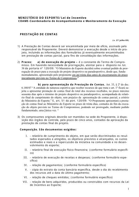1 MINISTÃRIO DO ESPORTE/Lei de Incentivo PRESTAÃÃO DE ...