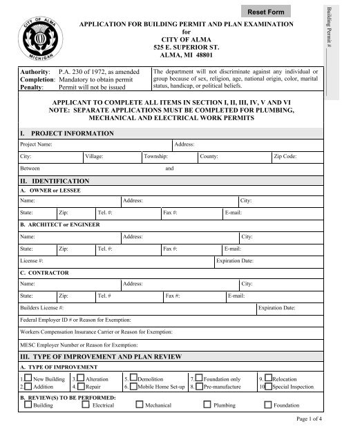 APPLICATION FOR BUILDING PERMIT AND PLAN ... - City of Alma