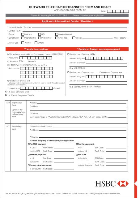 Outward Telegraphic Transfer / Demand Draft Application ... - HSBC