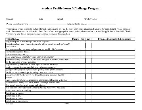 Student Profile Form / Challenge Program