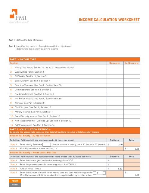 INCOME CALCULATION WORKSHEET - PMI Mortgage Insurance