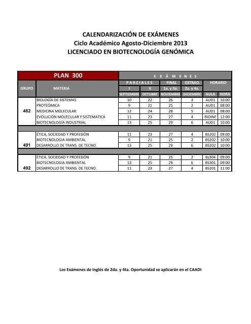 Calendario de ExÃ¡menes Agosto_Diciembre 2013 LBG