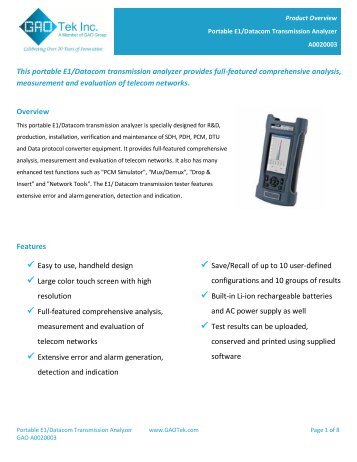 Portable E1/Datacom Transmission Analyzer - GAO Tek Inc.