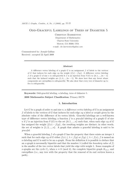 Odd-Graceful Labelings of Trees of Diameter 5 - Clayton State ...