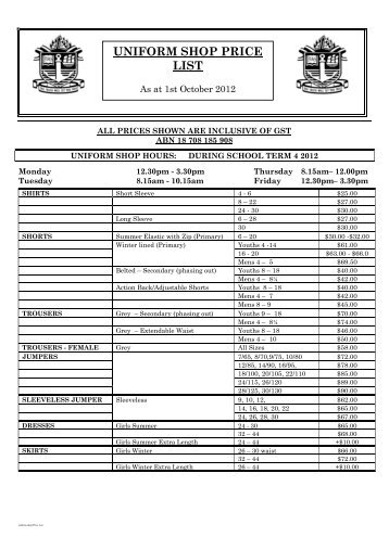 UNIFORM SHOP PRICE LIST - Frederick Irwin Anglican School