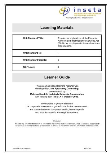 Learning Materials Learner Guide - INSETA