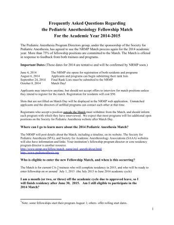 The Pediatric Anesthesiology Fellowship Match FAQ's