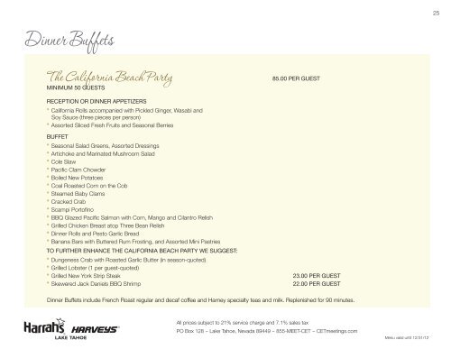 Harrah's & Harveys Lake Tahoe Catering Menu