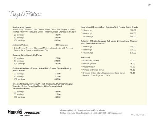 Harrah's & Harveys Lake Tahoe Catering Menu