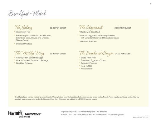 Harrah's & Harveys Lake Tahoe Catering Menu