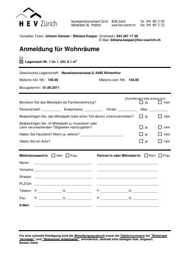 Bewerbungsformular Wohnung Hev