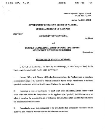 Affidavit of Joyce Kendall re: Settlement Discussions - June 3, 2004